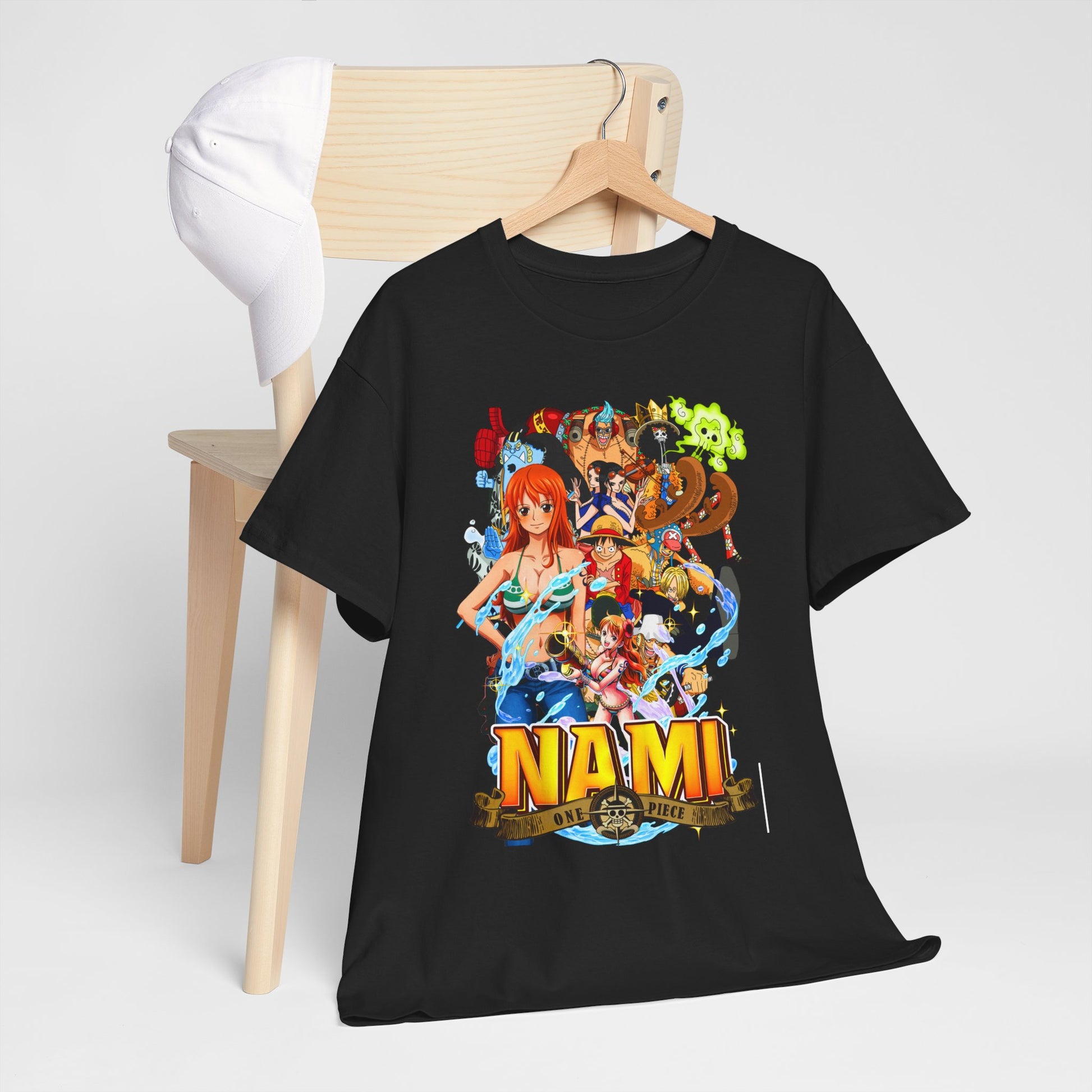 Sophisticated display of a One Piece Nami graphic t-shirt, artistically styled against a minimalist background, highlighting the design's vivid colours.
