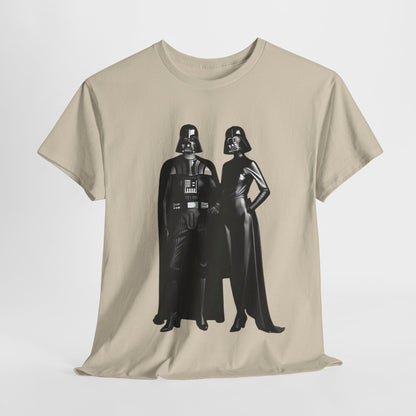 Mr + Mrs Vader Star Wars unisex mens graphic cotton t-shirt featuring a sophisticated print of iconic Sith figures.