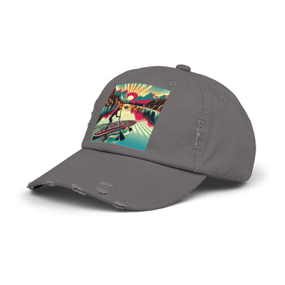 Unisex Distressed Paddleboarders Cap displayed from an angle, showcasing its stylish fantasy design, ideal for those with a passion for paddleboarding.