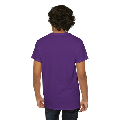 An exquisite view of the back of a purple t-shirt adorned with a dramatic Joker face graphic, elegantly designed for versatility and style.