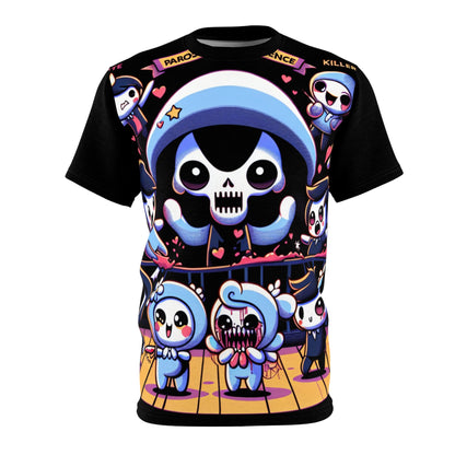 Luxurious Whimsy Wraith Tee by Dazzling Dreams Studio featuring a playful horror cartoon design, elegantly showcased on a striking jet-black background.