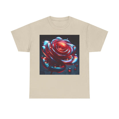 Ethereal Rose Unisex Graphic T-Shirt - Soft Cotton Tee presenting an exquisite iridescent floral design with a gorgeous red rose embellished with shimmering droplets on a beige canvas.