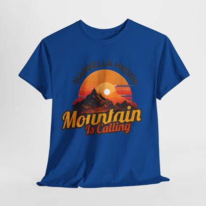 Marbella Hiking Club Unisex Graphic T-Shirt in vibrant blue, featuring an eye-catching mountain design that captures the essence of adventure, ideal for hiking lovers.