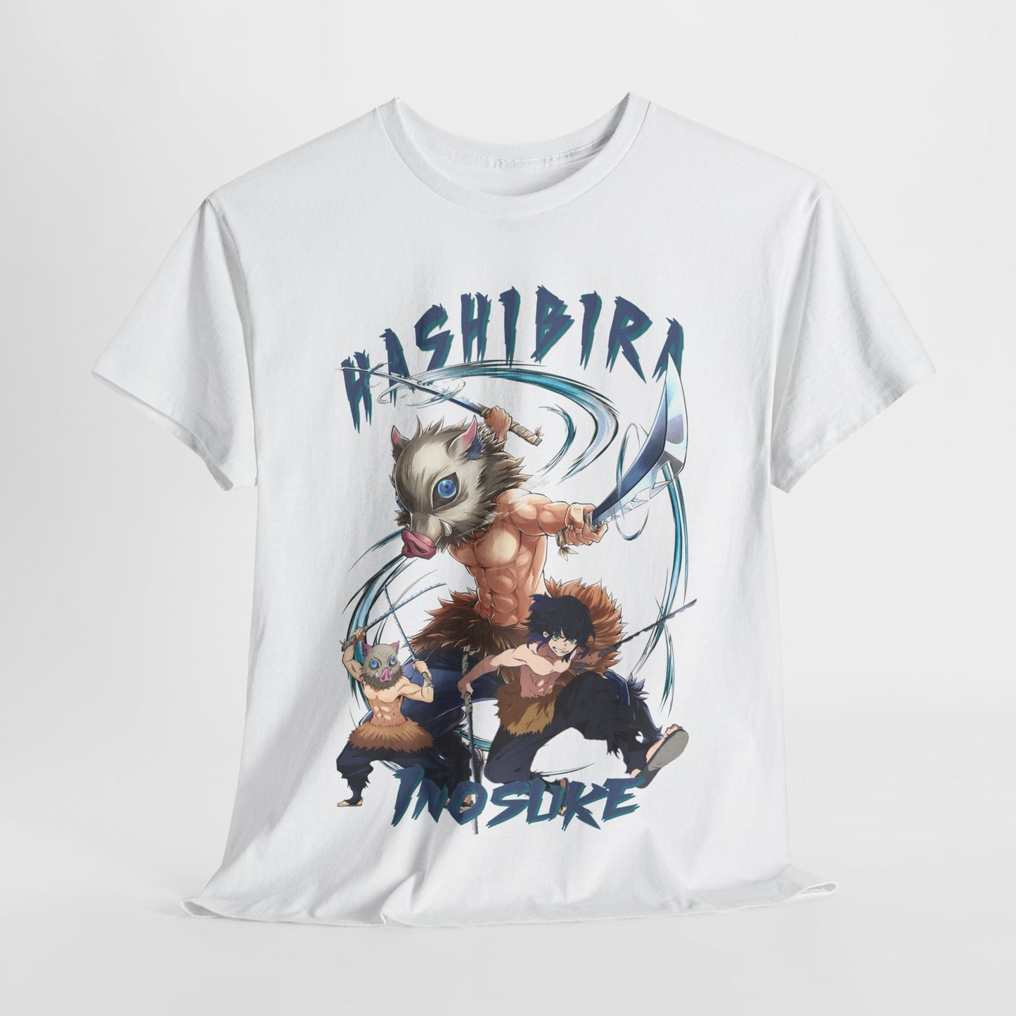 Elegant Hashibira Inosuke-inspired graphic t-shirt showcasing dynamic anime characters, perfect for fashion-forward individuals.