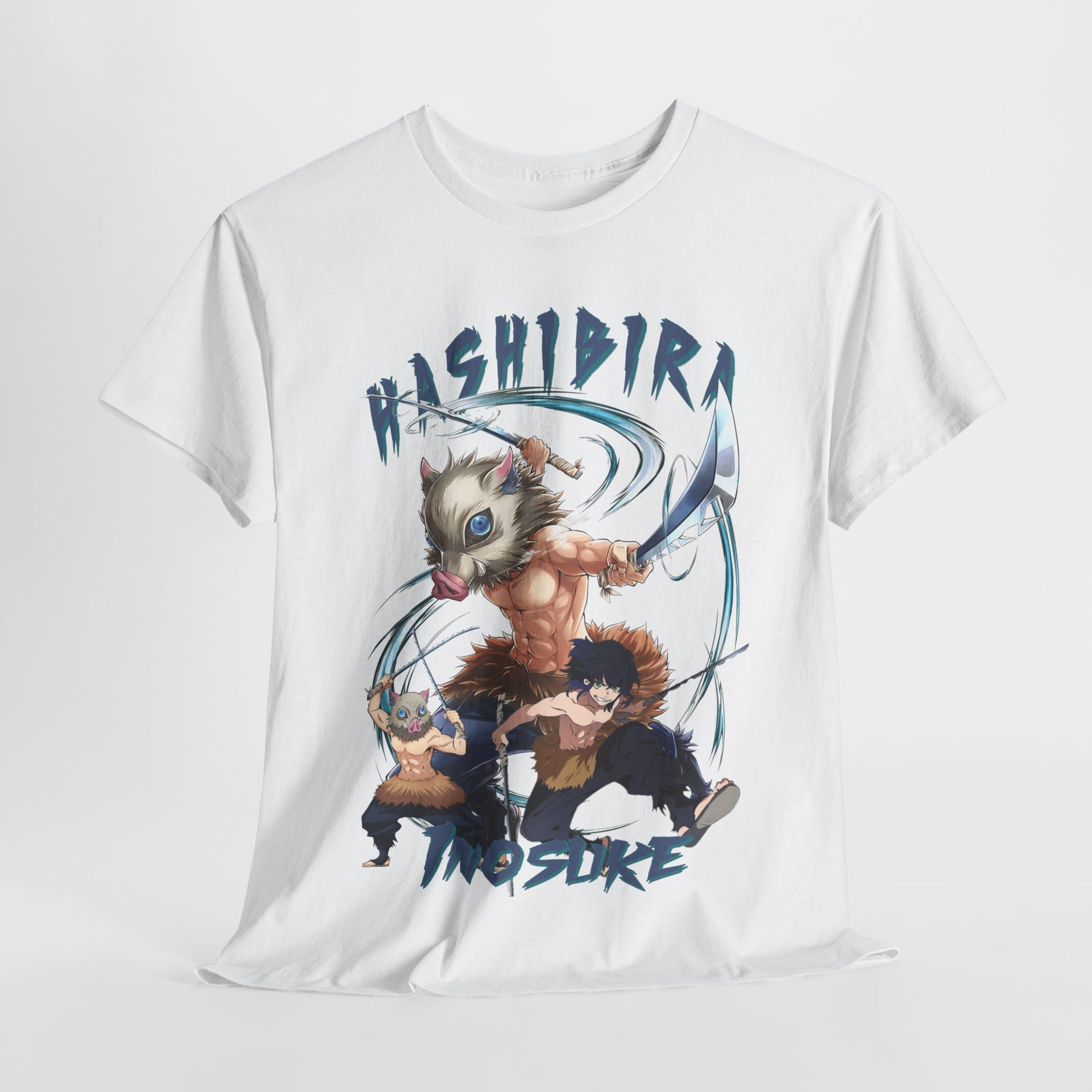 Elegant Hashibira Inosuke-inspired graphic t-shirt showcasing dynamic anime characters, perfect for fashion-forward individuals.