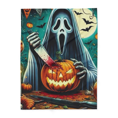 Luxury Decorative and Warm Halloween Spooky Scream Arctic Fleece Blanket depicting a mysterious figure with a knife and a carved pumpkin, enhancing your Halloween ambience.