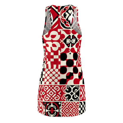 Elegant close-up of vibrant red fabric featuring modern checkerboard pattern dress detail by Dazzling Dreams Studio.