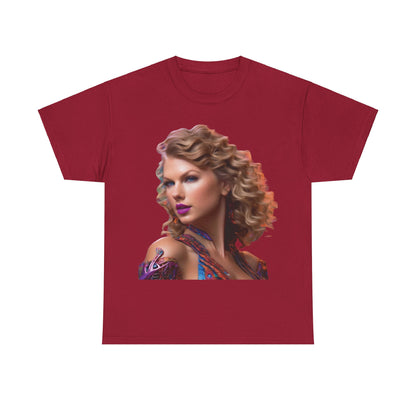 Swifties psychedelic Taylor Swift Heavy Cotton Tee in burgundy, showcasing a stunning psychedelic depiction of Taylor Swift, ideal for fashion-forward fans.