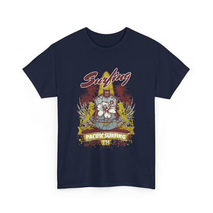 Front view of a premium navy vintage surf culture graphic t-shirt featuring an artistic emblem with palm trees, hibiscus, and bold typography, ideal for a coastal chic look.