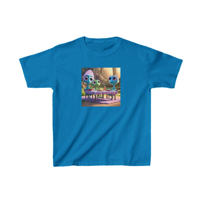 Kids Cute Aliens Heavy Cotton Tee in bright blue showcasing whimsical alien figures, designed for the fashionable young adventurer.