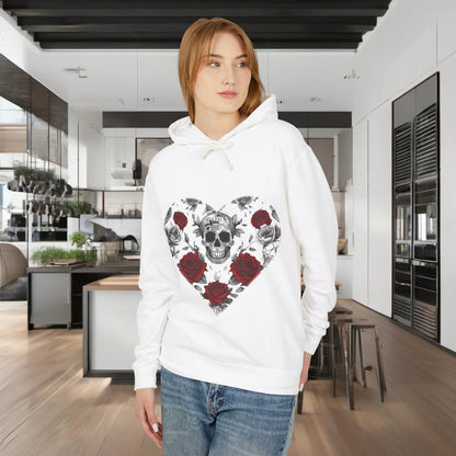 Unisex Lightweight Hooded Sweatshirt featuring a unique designer skull and roses motif, displayed in a stylish modern kitchen.