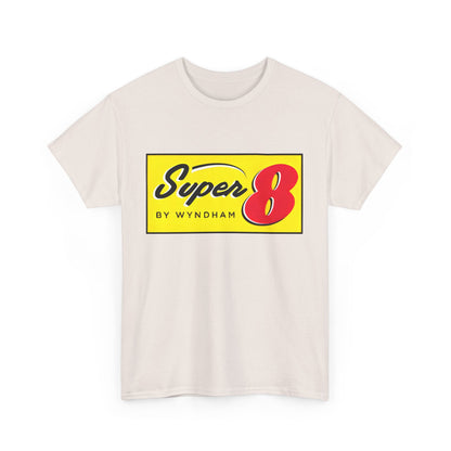 Front view of the Super 8 Retro Logo Unisex Graphic Tee - Nostalgic Vintage Style for Him and Her, featuring a vibrant Super 8 logo in bold colours on soft fabric.