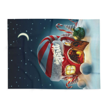 Close-up of the Decorative and Warm Christmas Arctic Fleece Blanket featuring a beautiful gingerbread house and festive decorations, creating a luxurious touch to your holiday decor.