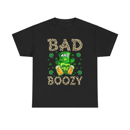 Stylish Bad And Boozy St. Patrick's Day T-Shirt showcased in a sophisticated black, displaying an eye-catching graphic with leopard print and whimsical green themed elements.