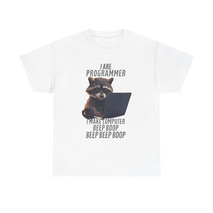 Elegant Funny Raccoon Programmer T-Shirt with charming raccoon graphic and humorous quote 'I Make Computer Beep Boop Beep Beep Boop' for stylish coders.