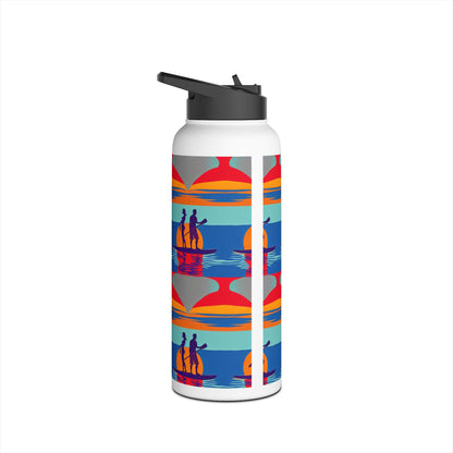 Sophisticated Fantasy Paddleboarding Stainless Steel Water Bottle displaying a creative pattern of paddleboarders silhouetted against a colourful sunset, perfect for luxurious outdoor excursions.