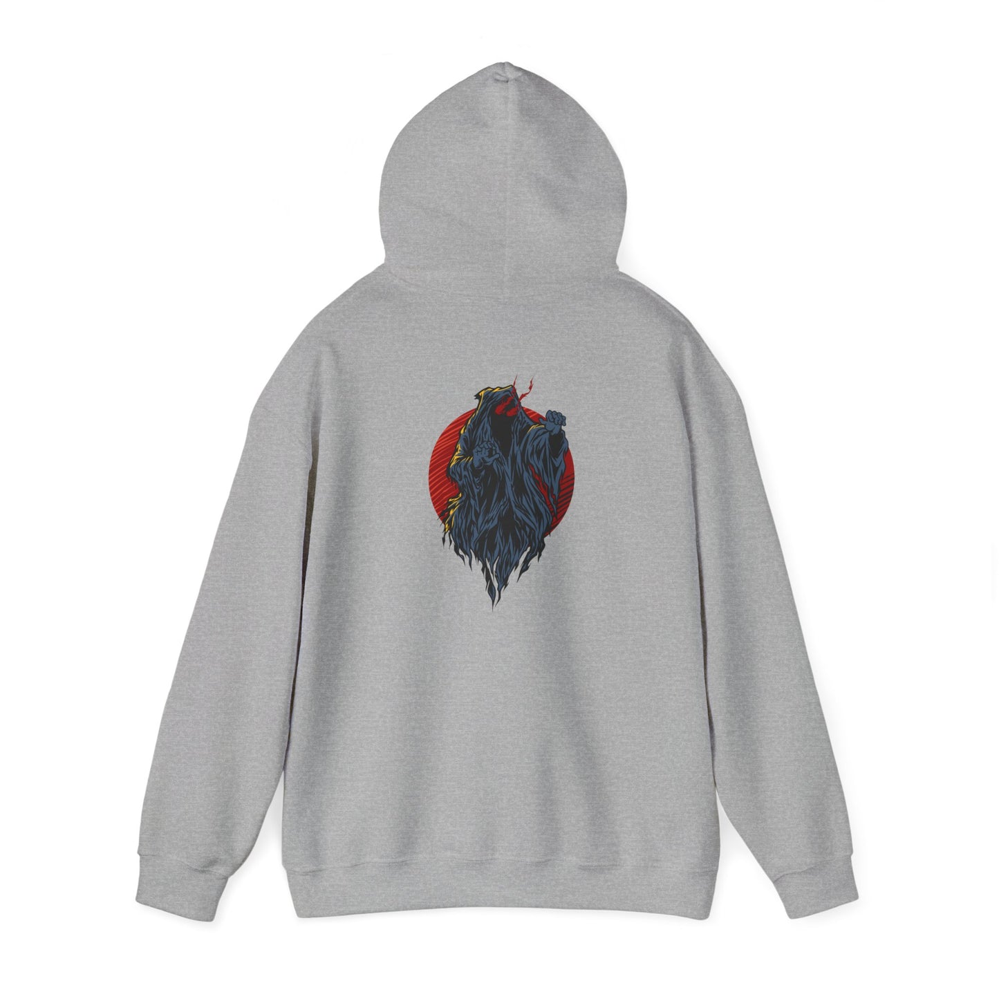 Fierce Demon Back Print Hoodie featuring a bold grey creature design on a fiery red circle, perfect for making a statement while showcasing unique artistic flair.