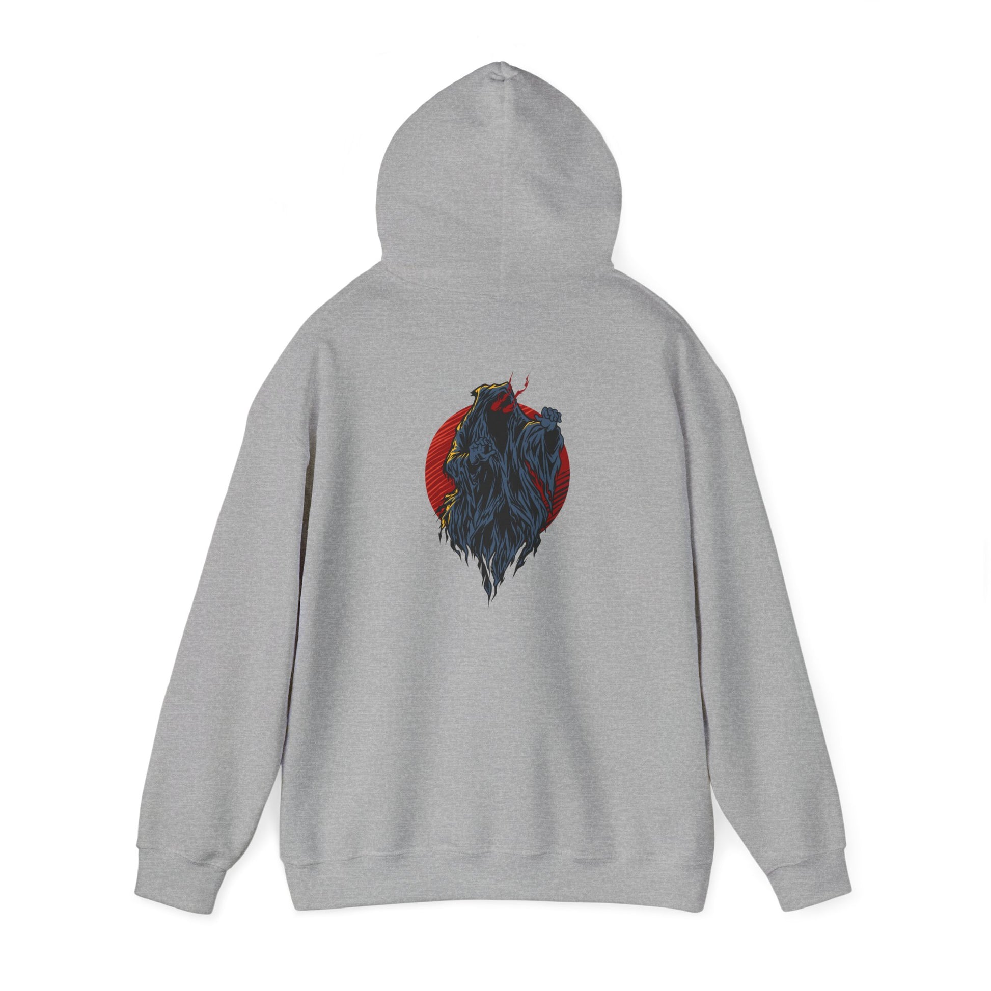Fierce Demon Back Print Hoodie featuring a bold grey creature design on a fiery red circle, perfect for making a statement while showcasing unique artistic flair.
