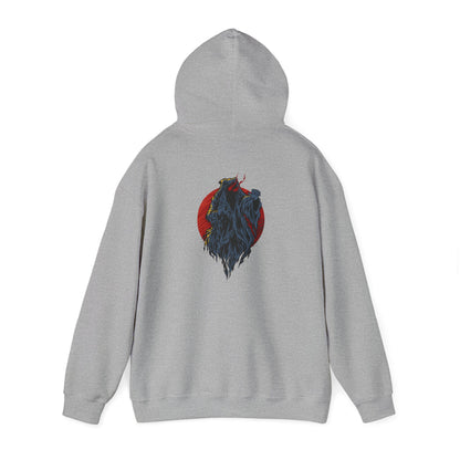 Fierce Demon Back Print Hoodie featuring a bold grey creature design on a fiery red circle, perfect for making a statement while showcasing unique artistic flair.