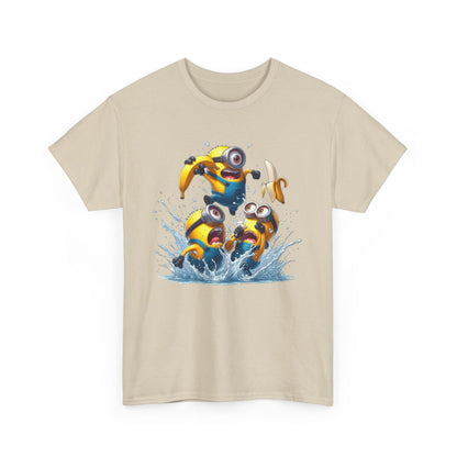 Front view of the Mens Funny T-Shirt: Minions Banana Splash - Yellow Despicable Me tee, featuring vibrant Minions jumping in water, making it a fun addition to any casual outfit.