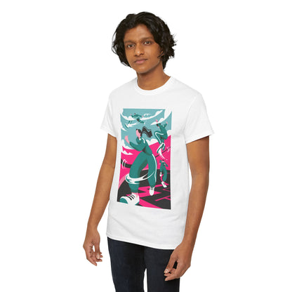 Chic individual wearing a sophisticated unisex t-shirt adorned with an artistic representation from Squid Game, styled effortlessly in casual denim.