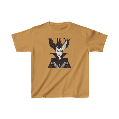 Maleficent Kids Tee in luxurious golden hue, adorned with a captivating graphic of Maleficent, ideal for young Disney enthusiasts seeking unique style.