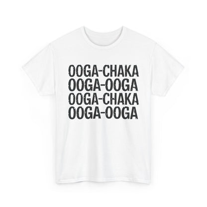 Elegant white graphic tee showcasing 'OOGA-CHAKA OOGA-OOGA' lyrics, embodying a luxurious blend of comfort and style in the 'Hooked On a Feeling Graphic T-Shirt Urban Unisex Cotton Tee' series.