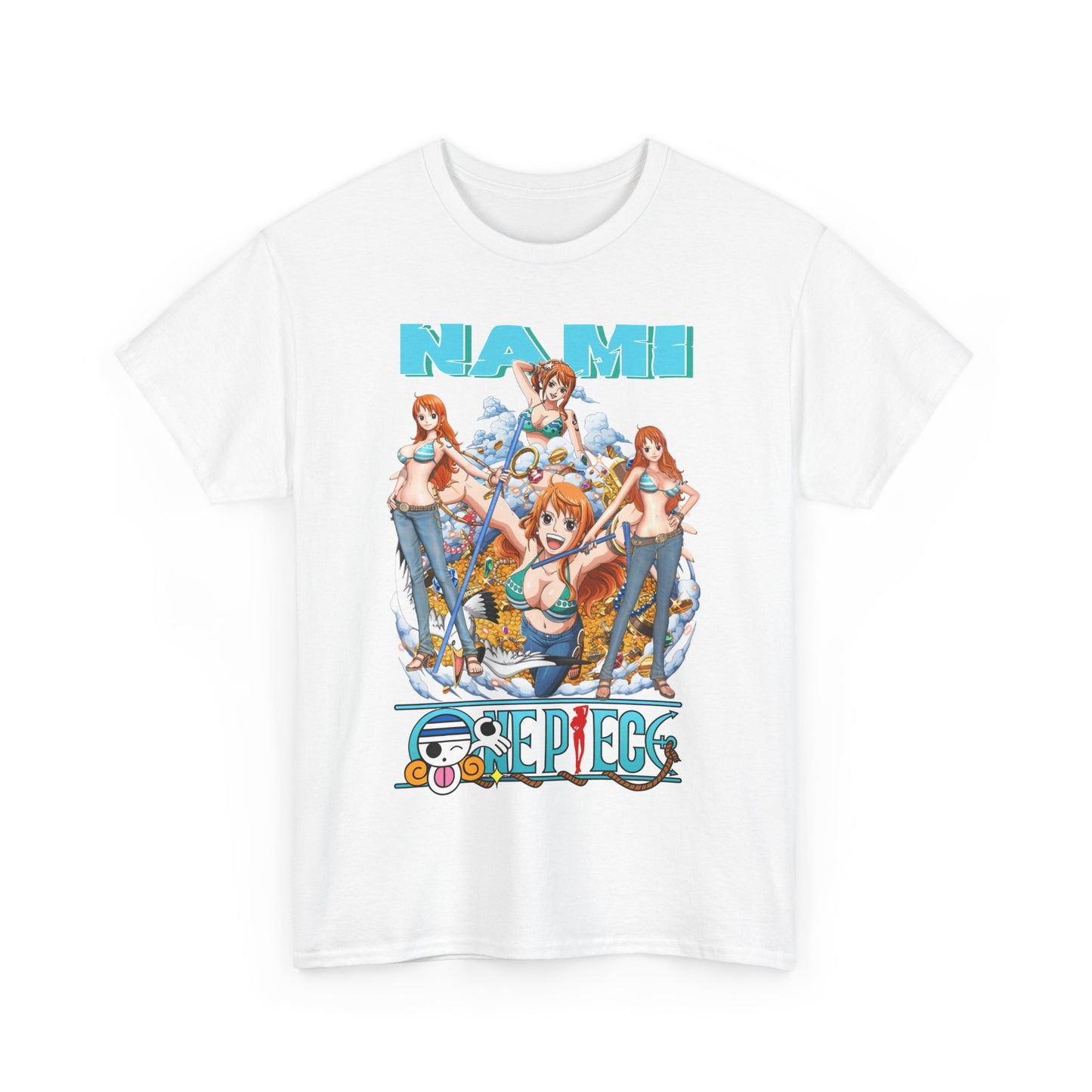 Exquisite white t-shirt showcasing a stunning Nami graphic from One Piece, embodying vibrant artistic expression and quality craftsmanship for discerning anime fans.