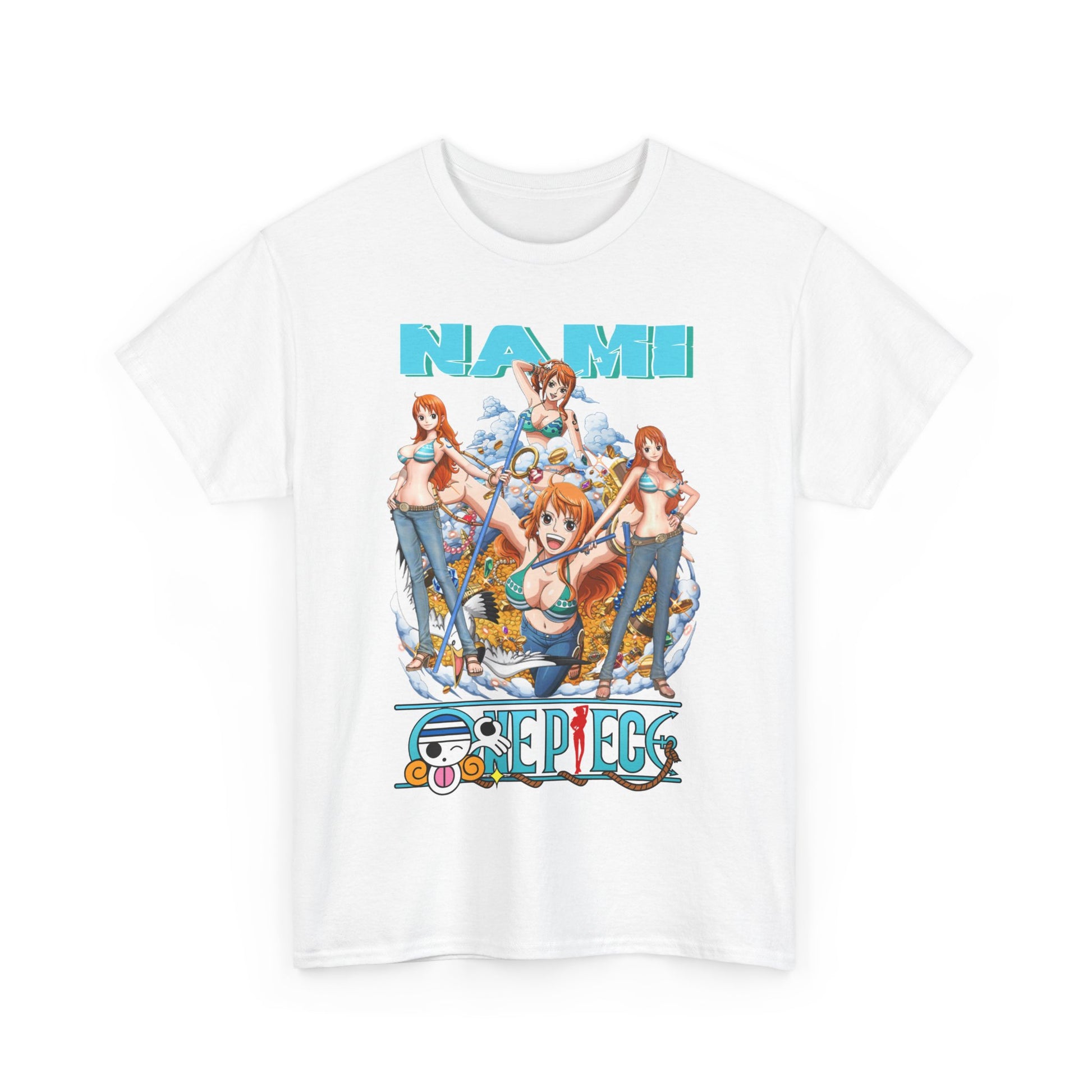 Exquisite white t-shirt showcasing a stunning Nami graphic from One Piece, embodying vibrant artistic expression and quality craftsmanship for discerning anime fans.