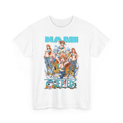 Exquisite white t-shirt showcasing a stunning Nami graphic from One Piece, embodying vibrant artistic expression and quality craftsmanship for discerning anime fans.