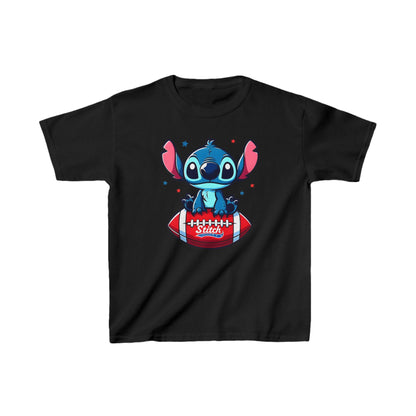 Unisex Kids Stitch Cotton T-Shirt Tee in black, featuring a vibrant Stitch illustration on a football, combining luxury and playful charm for youth.