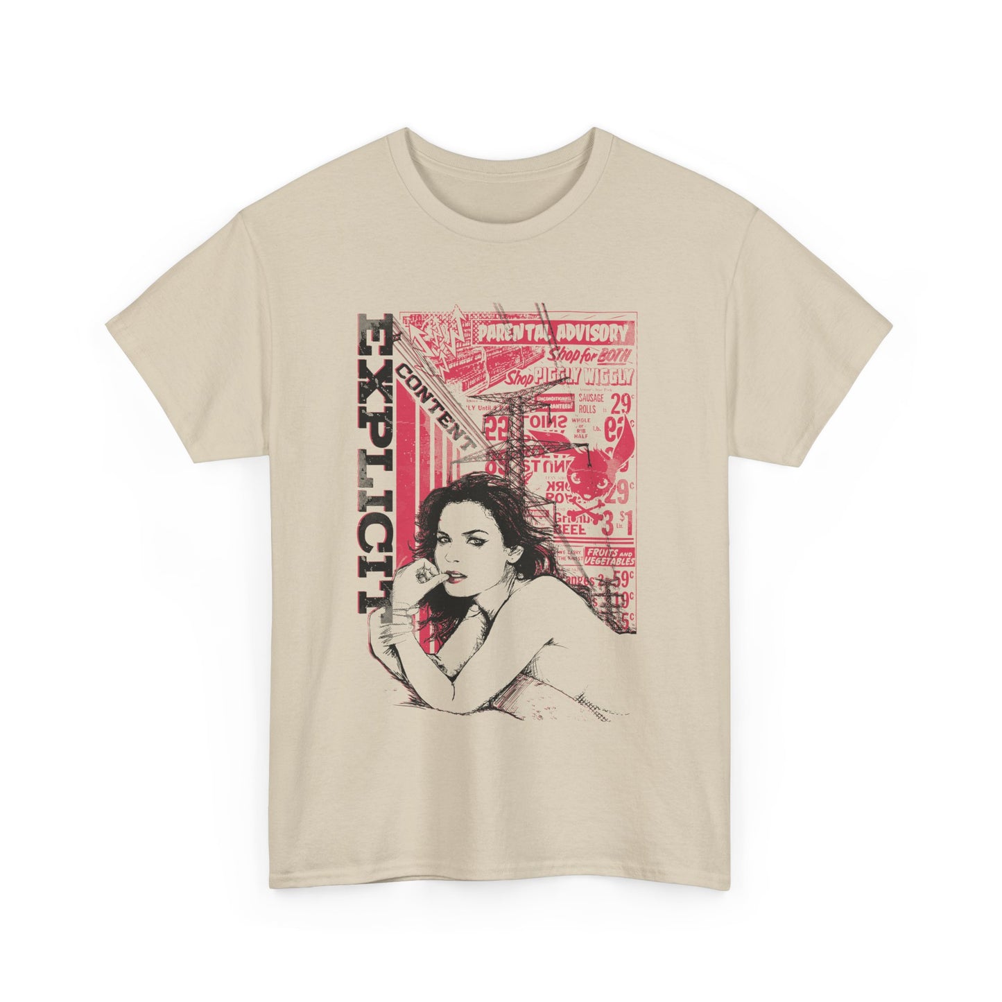 Luxurious vintage-inspired men's t-shirt featuring a captivating graphic design with a bold art motif, showcasing a striking black and white illustration and eye-catching vintage advertising elements in a sophisticated colour palette.