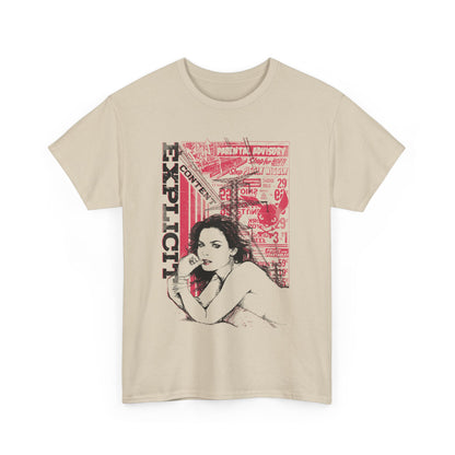 Luxurious vintage-inspired men's t-shirt featuring a captivating graphic design with a bold art motif, showcasing a striking black and white illustration and eye-catching vintage advertising elements in a sophisticated colour palette.
