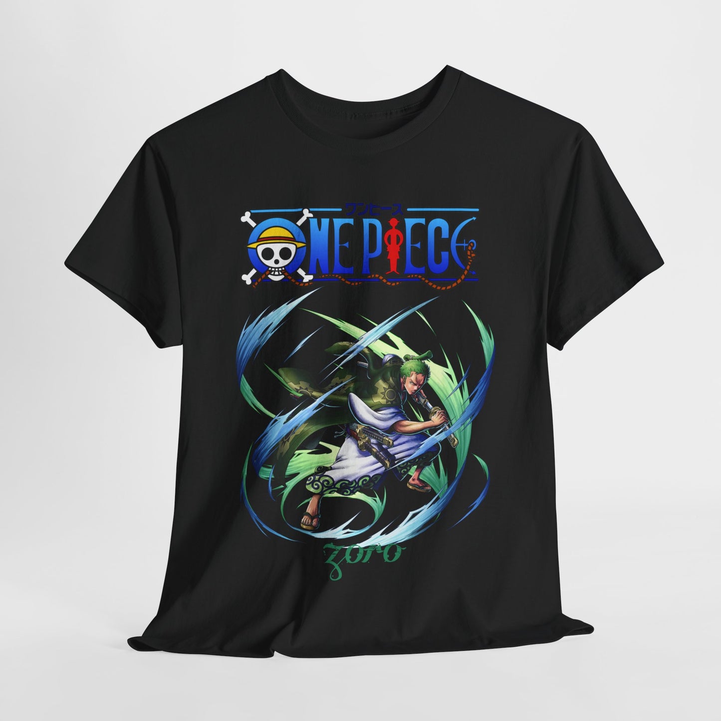 Elegant black t-shirt featuring a vibrant illustration of Zoro, the iconic character from One Piece, in an action pose. The design showcases dynamic energy trails and includes the distinctive One Piece logo, making it a stylish choice for anime enthusiasts. Perfect for adding a touch of adventure to any wardrobe.