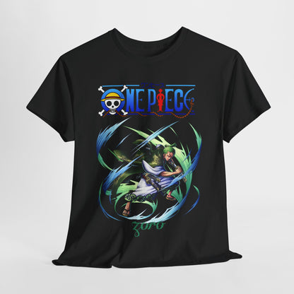 Elegant black t-shirt featuring a vibrant illustration of Zoro, the iconic character from One Piece, in an action pose. The design showcases dynamic energy trails and includes the distinctive One Piece logo, making it a stylish choice for anime enthusiasts. Perfect for adding a touch of adventure to any wardrobe.