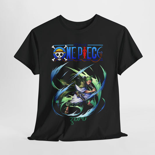 Elegant black t-shirt featuring a vibrant illustration of Zoro, the iconic character from One Piece, in an action pose. The design showcases dynamic energy trails and includes the distinctive One Piece logo, making it a stylish choice for anime enthusiasts. Perfect for adding a touch of adventure to any wardrobe.
