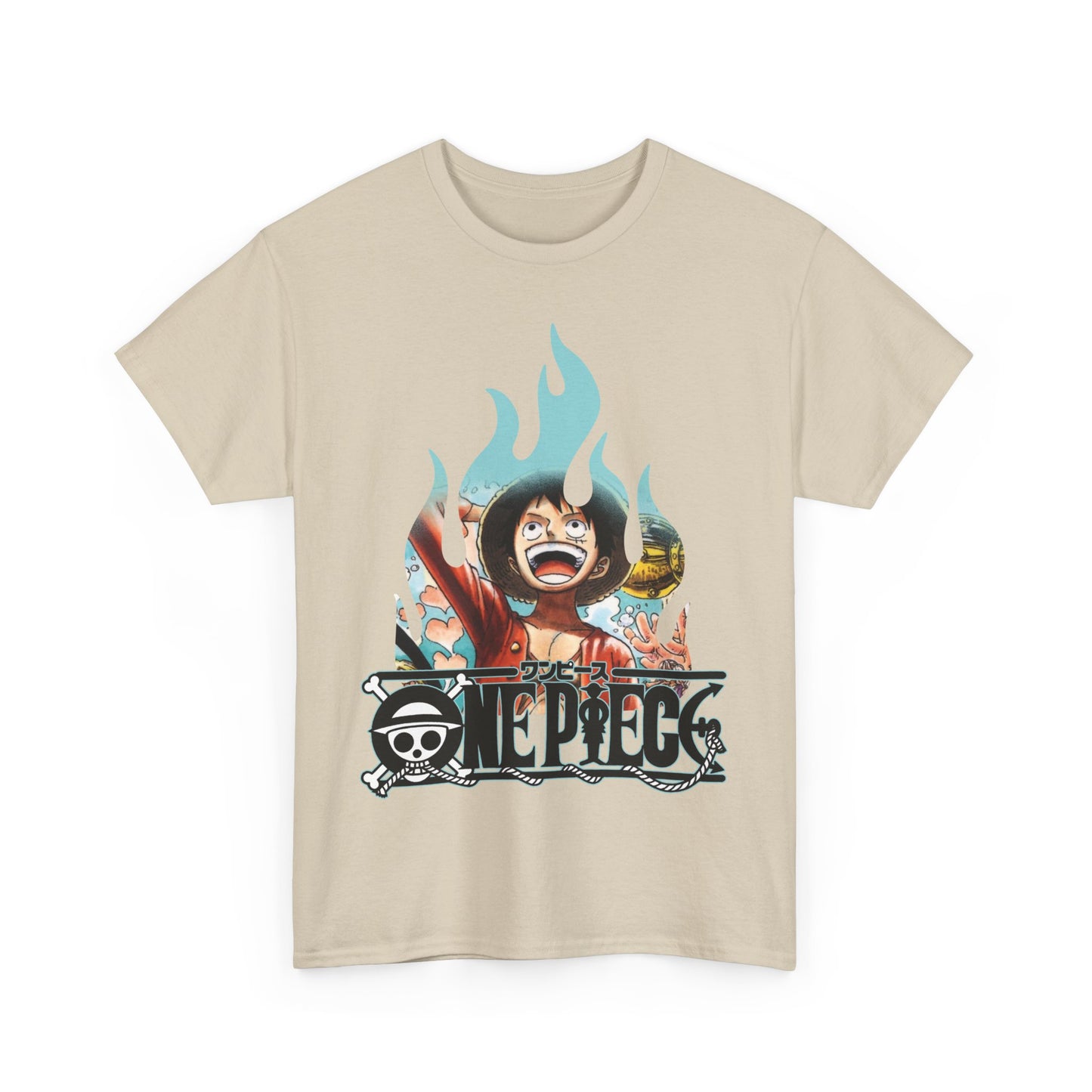 Chic men's graphic t-shirt in a light beige tone, adorned with vibrant artwork depicting a joyful character and intricate flame accents, perfect for trendsetters.