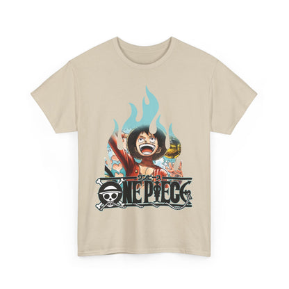 Chic men's graphic t-shirt in a light beige tone, adorned with vibrant artwork depicting a joyful character and intricate flame accents, perfect for trendsetters.