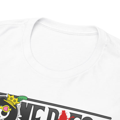 Luxurious close-up view of a white t-shirt collar, showcasing quality craftsmanship and a detailed One Piece logo, ideal for fashion-conscious anime aficionados.