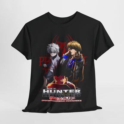 Front view of a premium black T-shirt, showcasing bold anime graphics from Hunter x Hunter: Phantom Rouge, ideal for sophisticated fans.