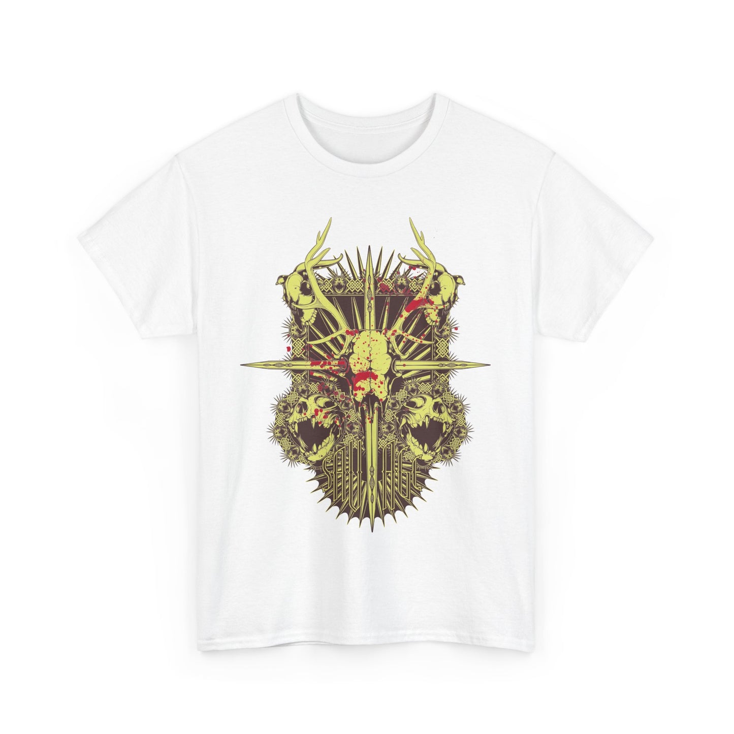 Sophisticated white t-shirt with an artistic display of a skull and antlers emblem, ideal for stylish individuals seeking a distinctive and luxurious aesthetic.