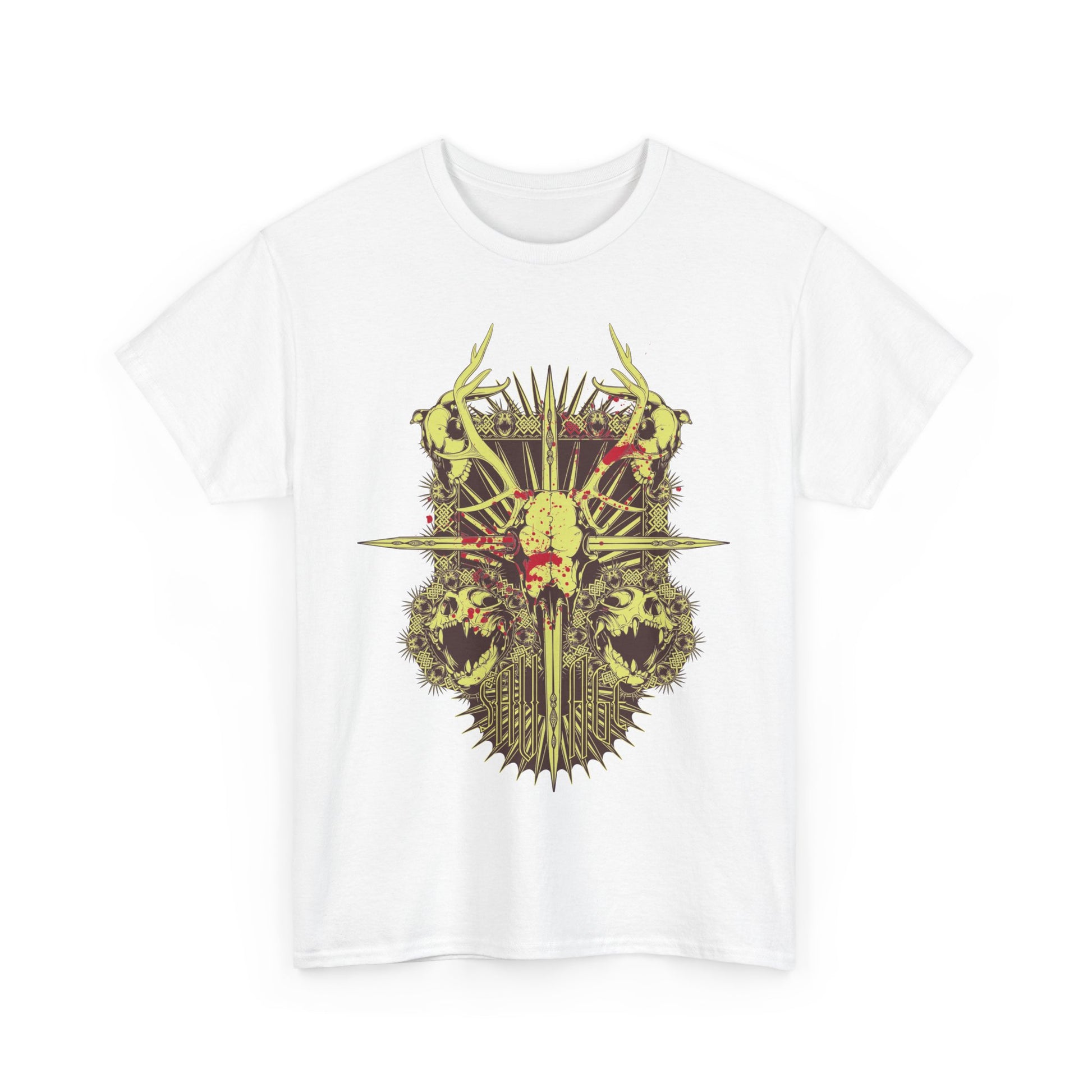 Sophisticated white t-shirt with an artistic display of a skull and antlers emblem, ideal for stylish individuals seeking a distinctive and luxurious aesthetic.