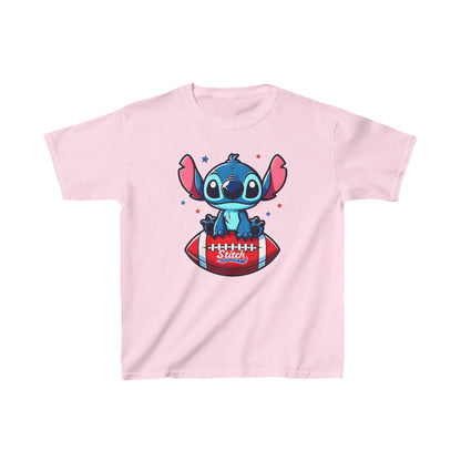 Chic Unisex Kids Disney Stitch Cotton T-Shirt in soft pink, adorned with Stitch character on a football, perfect for trendy young fashion enthusiasts.