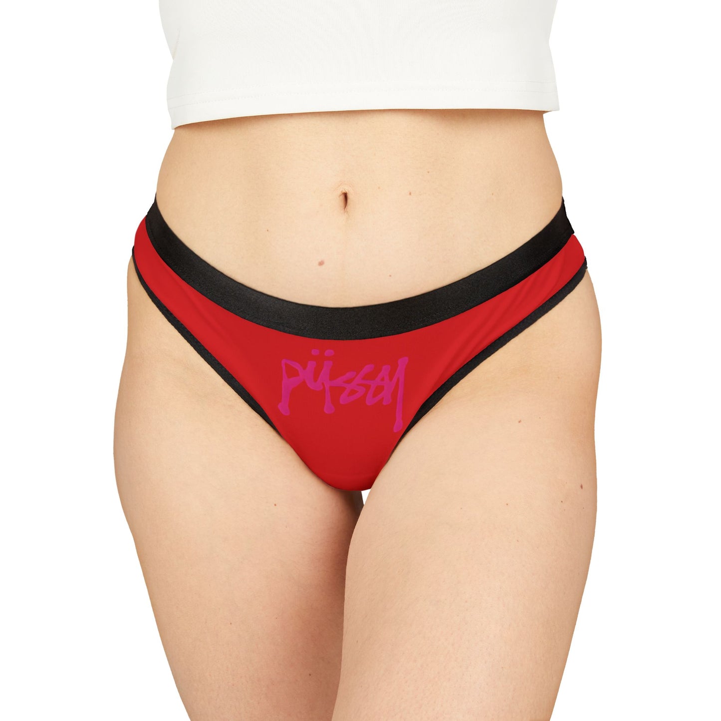 WOMEN'S CHEEKY THONG PANTIES WITH SASSY "PUSSY" GRAPHIC, SEXY SUGGESTIVE DESIGN