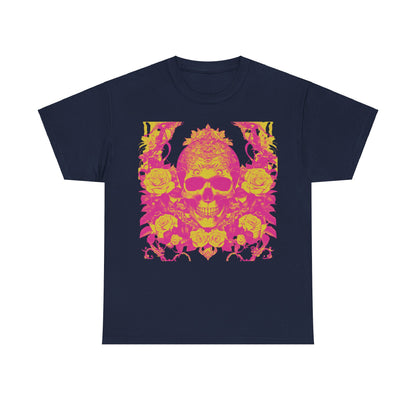 Skulls and Roses Cotton Tee, Unisex Graphic Shirt in navy, featuring a striking skull and roses design, perfect for alternative fashion enthusiasts.