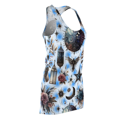 Chic Women's Designer Racerback Dress featuring a stunning blue fabric adorned with intricate floral and celestial designs, perfect for summer parties and casual outings.