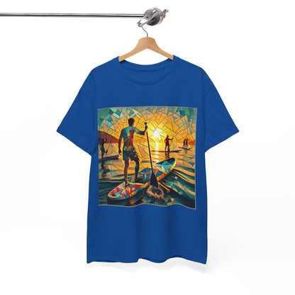 Stylish and elegant paddleboarding graphic on Luxury Paddleboarding Scene T-Shirt by Dazzling Dreams Studio, ideal for nature lovers.