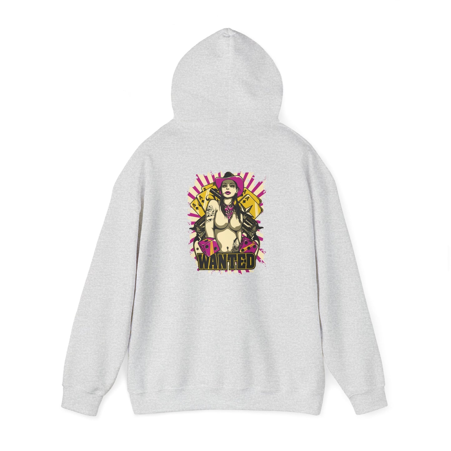 Sophisticated grey hoodie capturing the bold ‘WANTED’ graphic on its back, artfully combining vintage tattoo aesthetics with modern charisma.