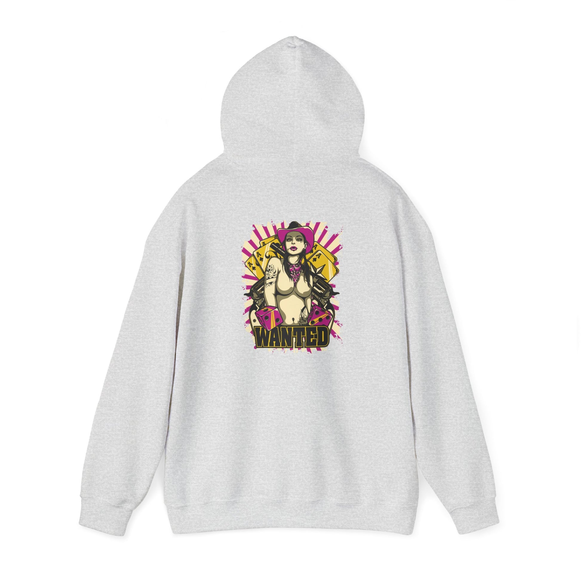 Sophisticated grey hoodie capturing the bold ‘WANTED’ graphic on its back, artfully combining vintage tattoo aesthetics with modern charisma.