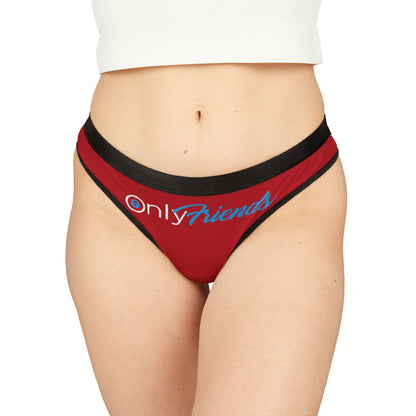 Chic women's red thong showcasing 'OnlyFriends' logo, merging playful design with sophisticated lingerie aesthetics.